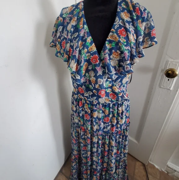 Lauren Ralph Lauren Floral Crinkle Georgette Gown - Blue Multi - Picture 4 of 5
